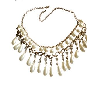 Gold toned pearl bib statement necklace